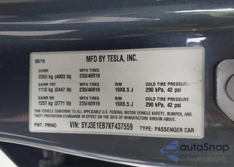 2019 Tesla Model 3 Long Range/Performance from USA, damaged, VIN 5YJ3E1EB7KF437559